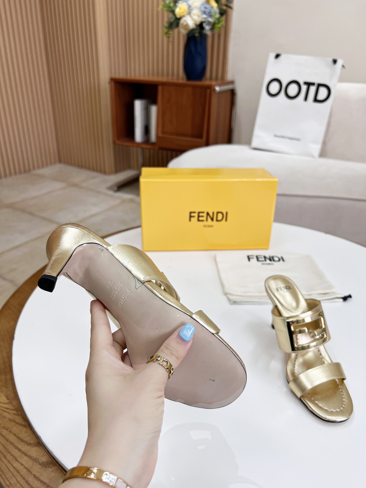 F**di Baguette Gold Heels For Women