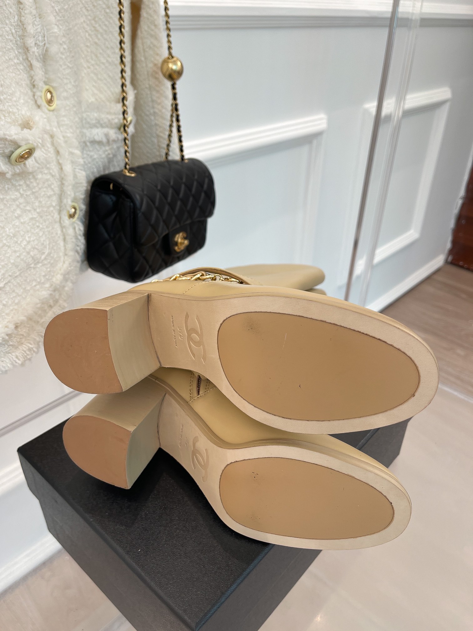 Ch**el Women’s High Boots With Chain Beige For Women 3.7in/ 9.5cm