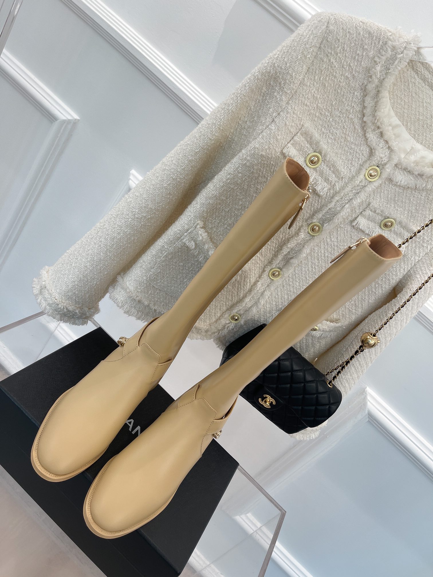 Ch**el Women’s Ankle Boots With Chain Beige For Women 1.5in/ 4cm