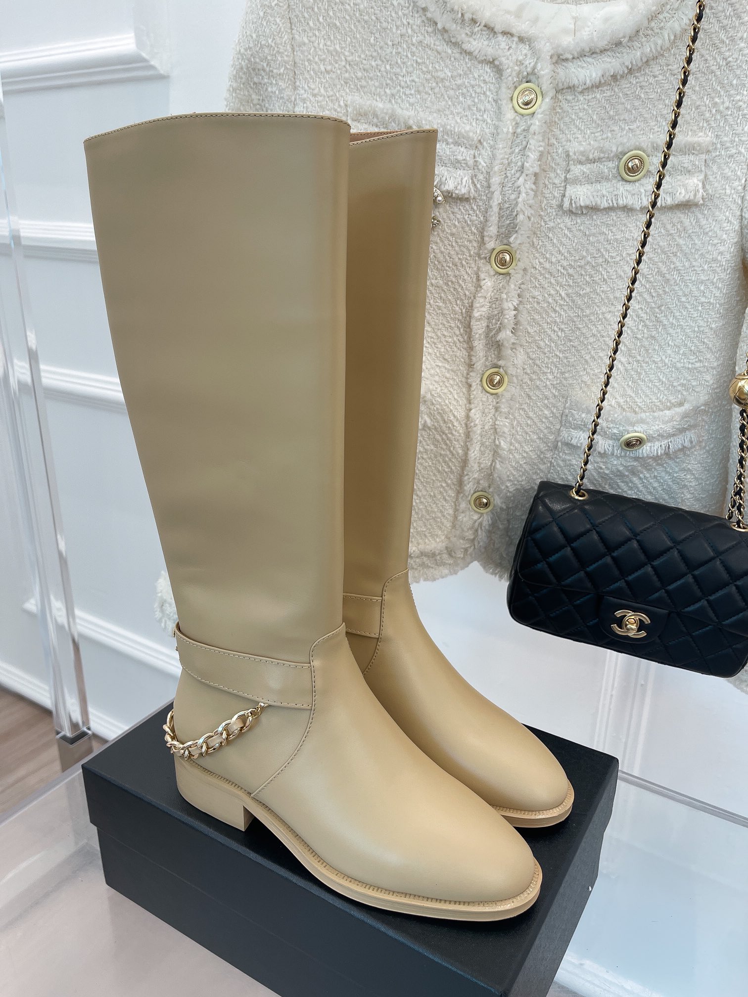 Ch**el Women’s Ankle Boots With Chain Beige For Women 1.5in/ 4cm