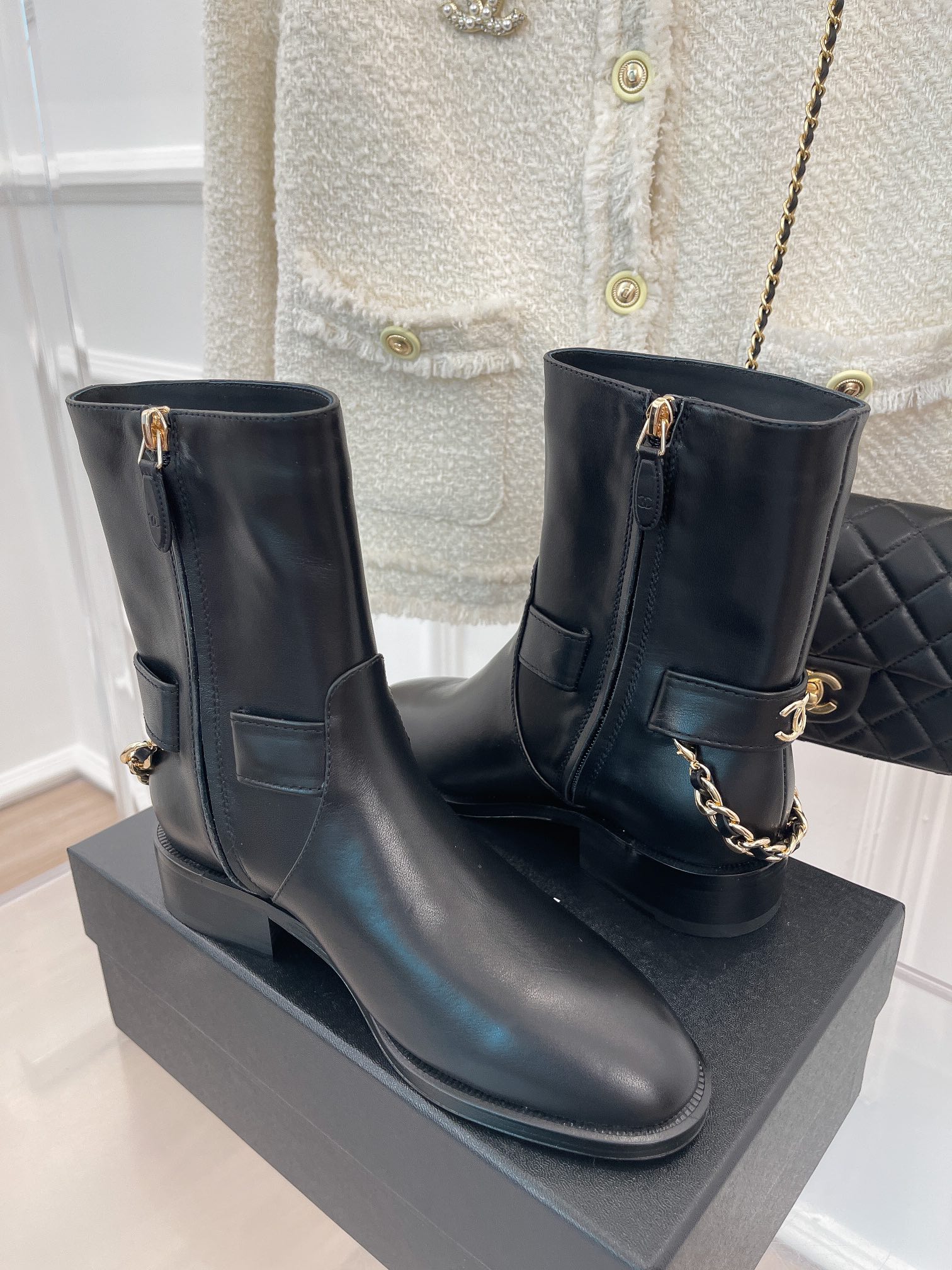 Ch**el Women’s Ankle Boots With Chain Black For Women 1.5in/4cm