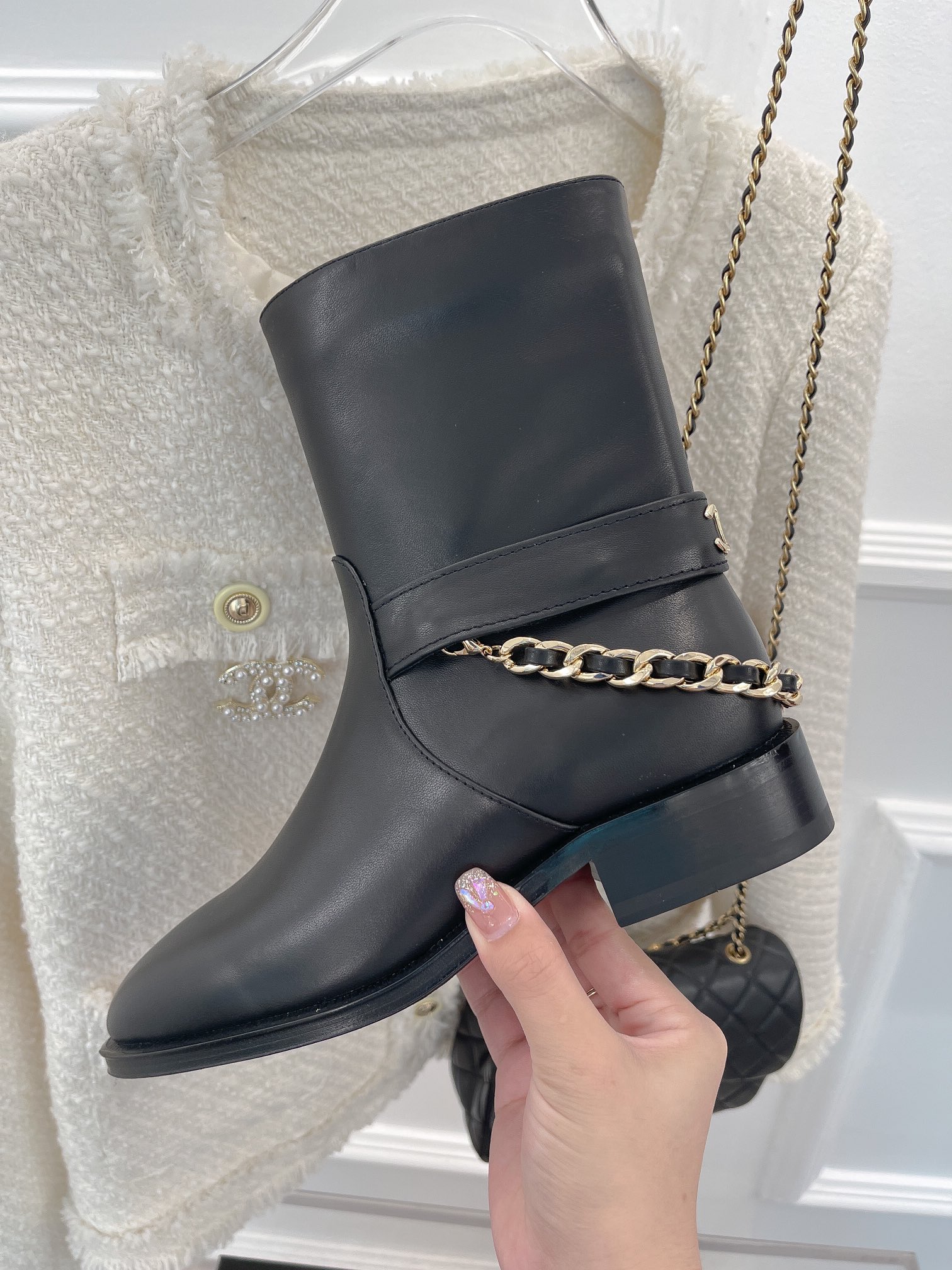 Ch**el Women’s Ankle Boots With Chain Black For Women 1.5in/4cm