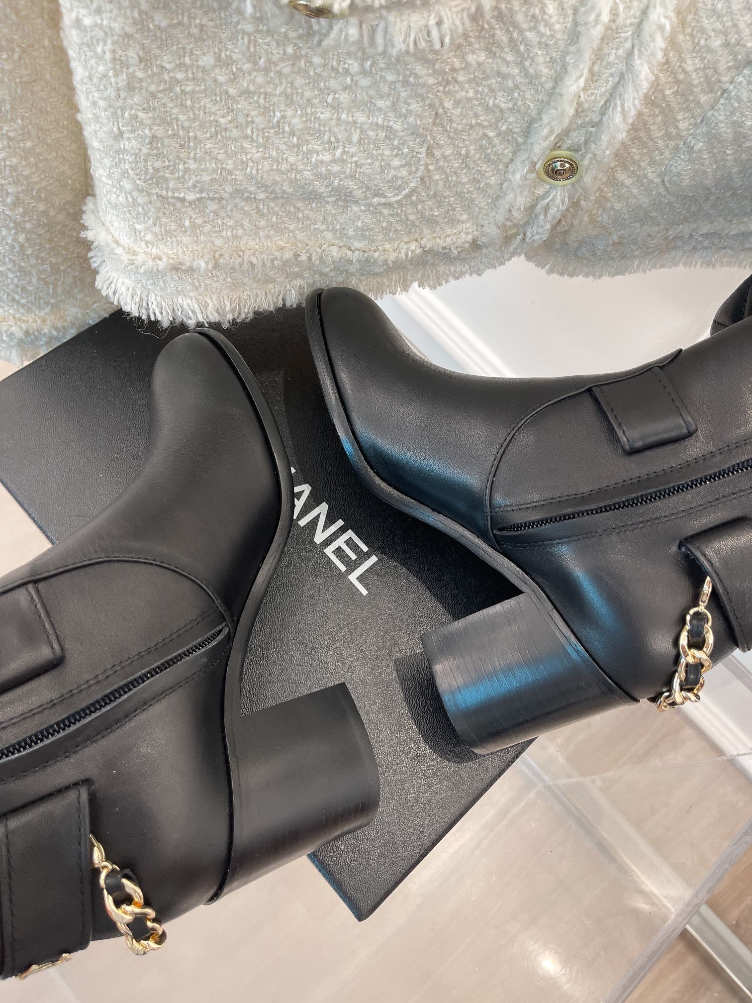 Ch**el Women’s High Boots With Chain Black For Women 3.7in/ 9.5cm