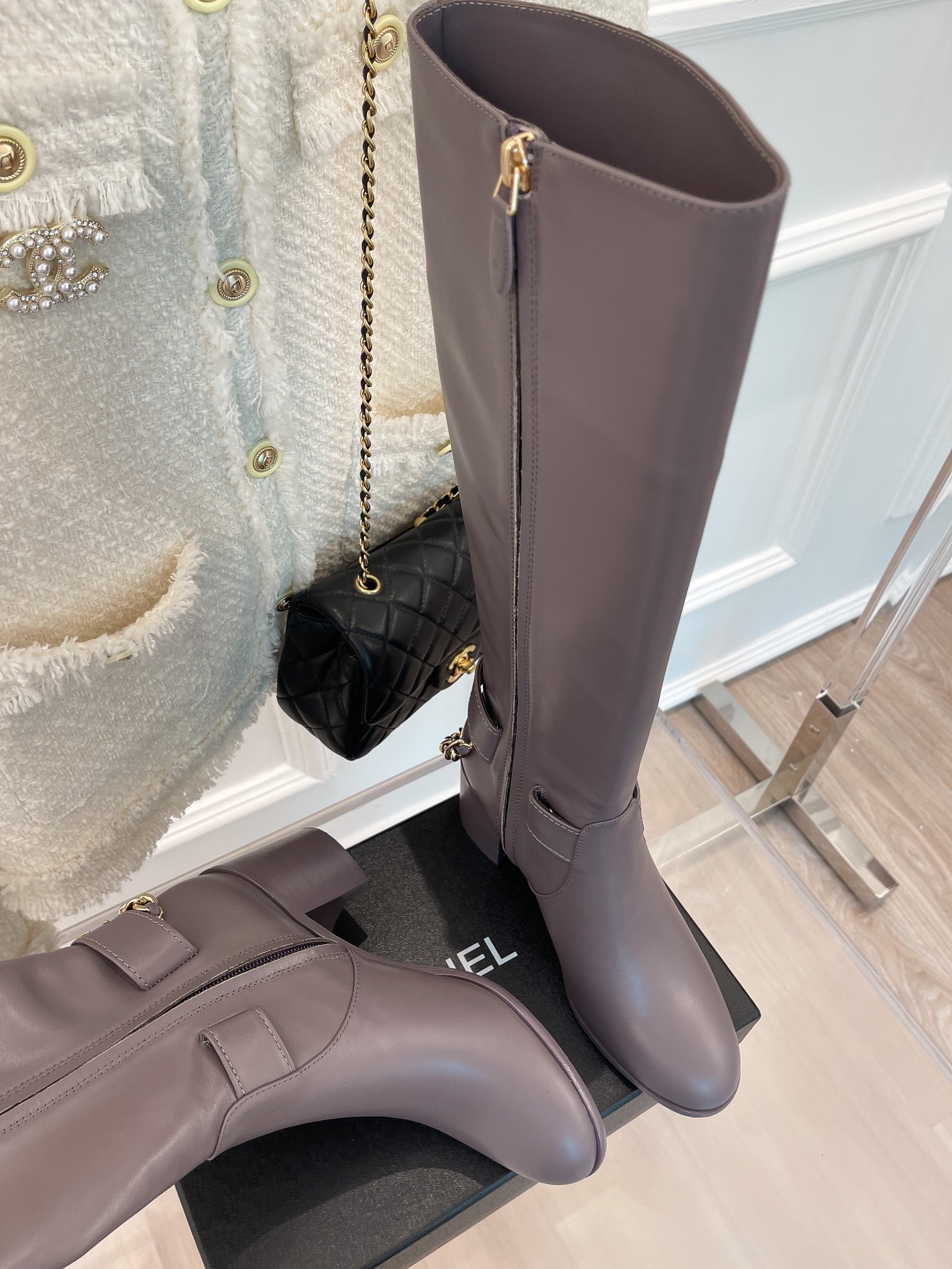 Ch**el Women’s High Boots With Chain Light Violet For Women 3.7in/ 9.5cm